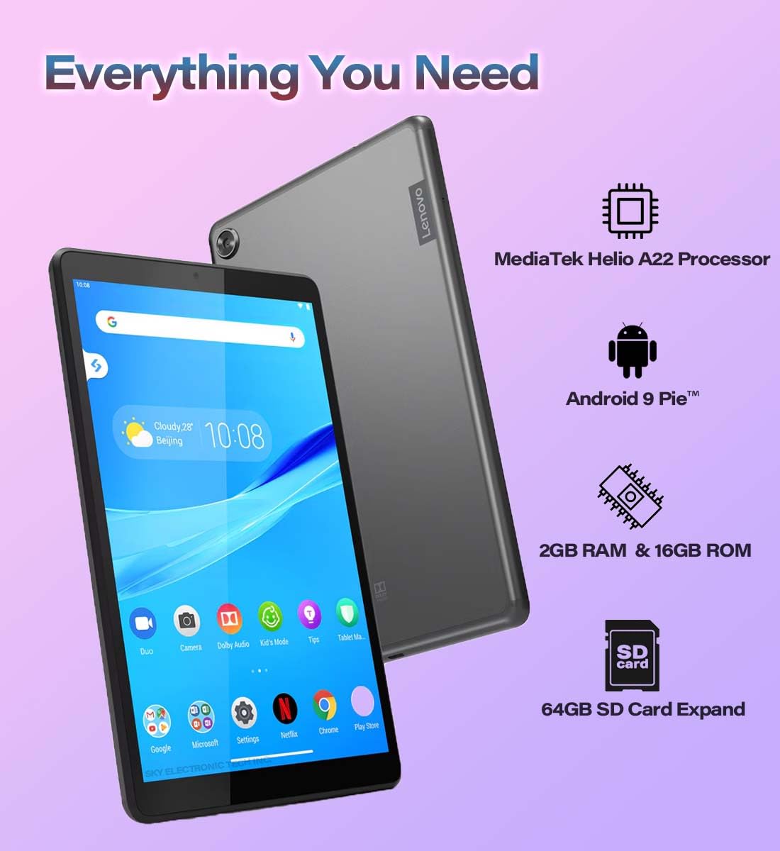 Lenovo Tab M8 2nd Gen, 8" (1280 x 800) IPS Touchscreen, MediaTek Helio A22 Quad-Core 2GHz, 2GB RAM, 16GB Storage