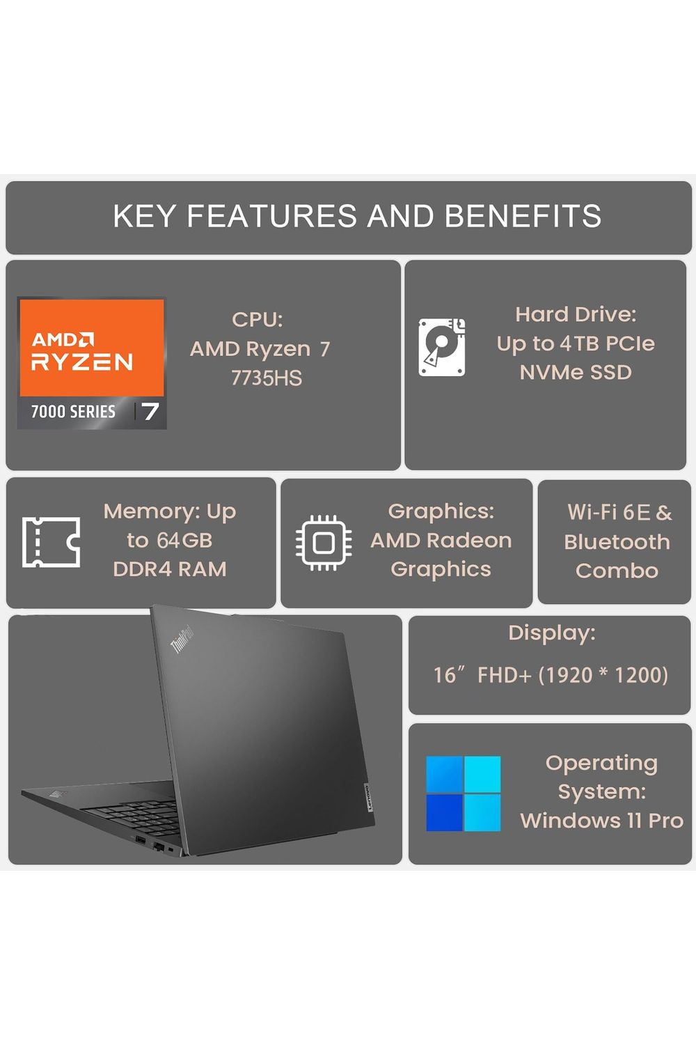 Lenovo ThinkPad E16 G2 Business Laptop Computer, 16" FHD+, AMD 8-Core Ryzen 7 7735HS (Beat i7-1360P), 32GB DDR5, 1TB PCIe SSD