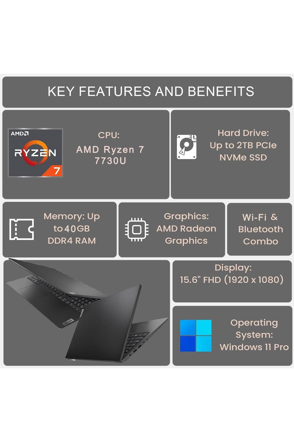 Lenovo V-Series V15 Business Laptop, 15.6" FHD Display, AMD Ryzen 7 7730U, 40GB RAM, 1TB SSD