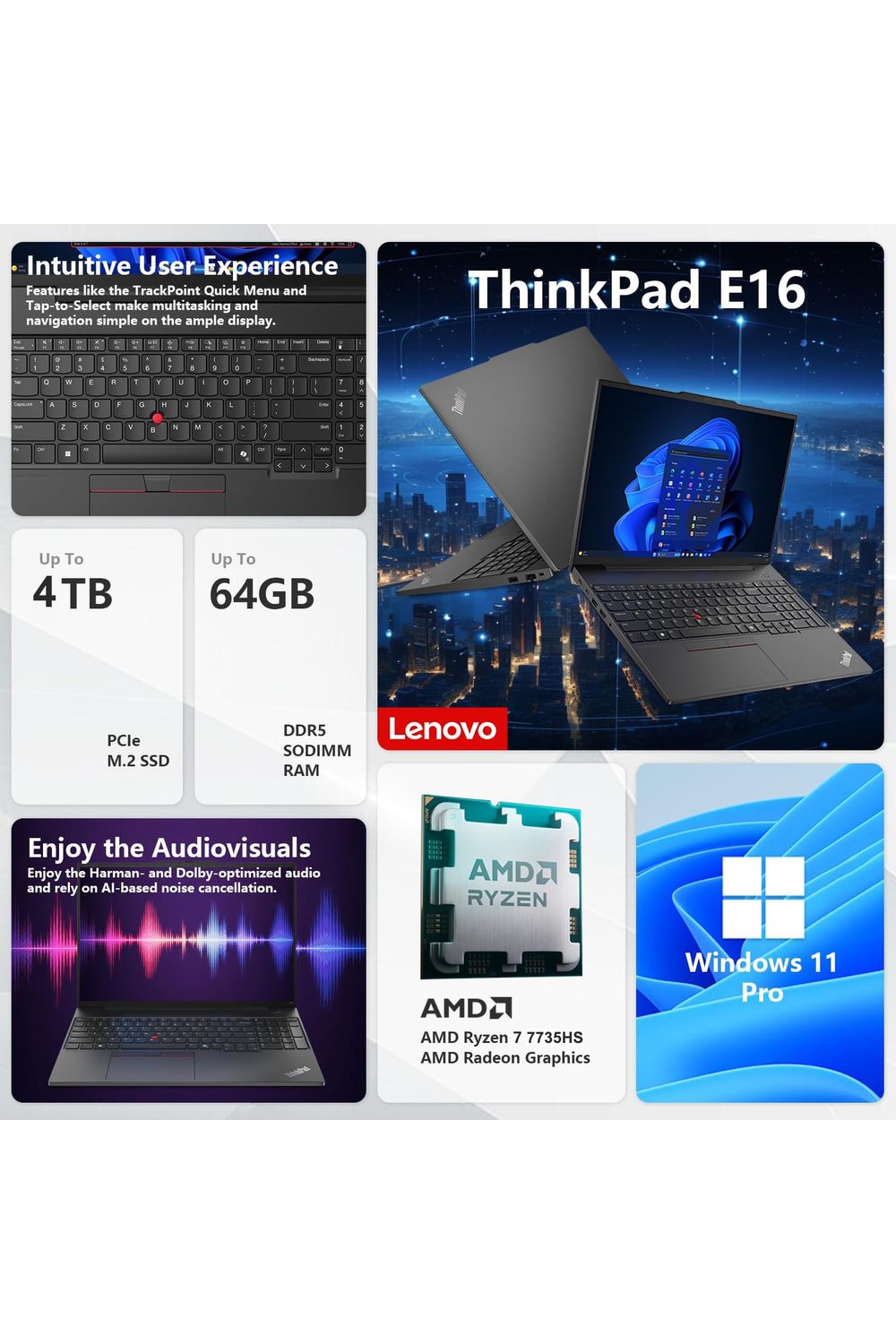 Lenovo ThinkPad E16 Gen 2 Business Laptop Computer, AMD 8-Core Ryzen 7 7735HS (Beat i7-1355U), 32GB DDR5 RAM, 1TB PCIe SSD