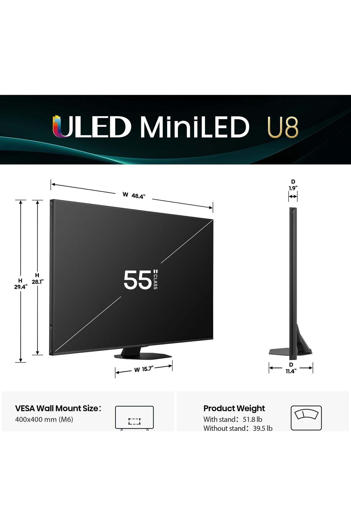 Hisense 55" Class U8 Mini-LED ULED 4K UHD Google Smart TV