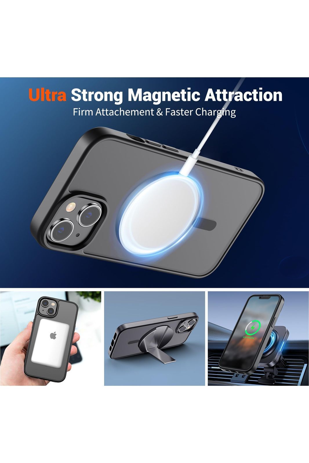 iPhone 14 Case & iPhone 13 Case (Compatible with MagSafe)(Military Grade Drop Protection) Translucent Matte Shockproof, Black