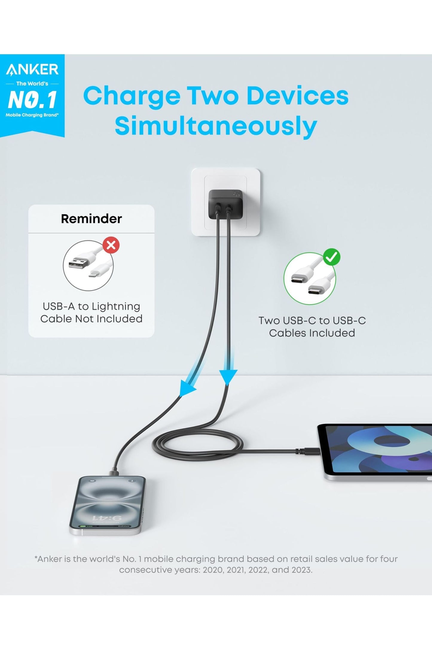 Anker iPhone 16 Charger, 2-Pack 20W Fast USB C Charger Block, for iPhone 16/16 Pro Max/15 Series/iPad Pro and More (Black, 2 Pack & 2 Cable)