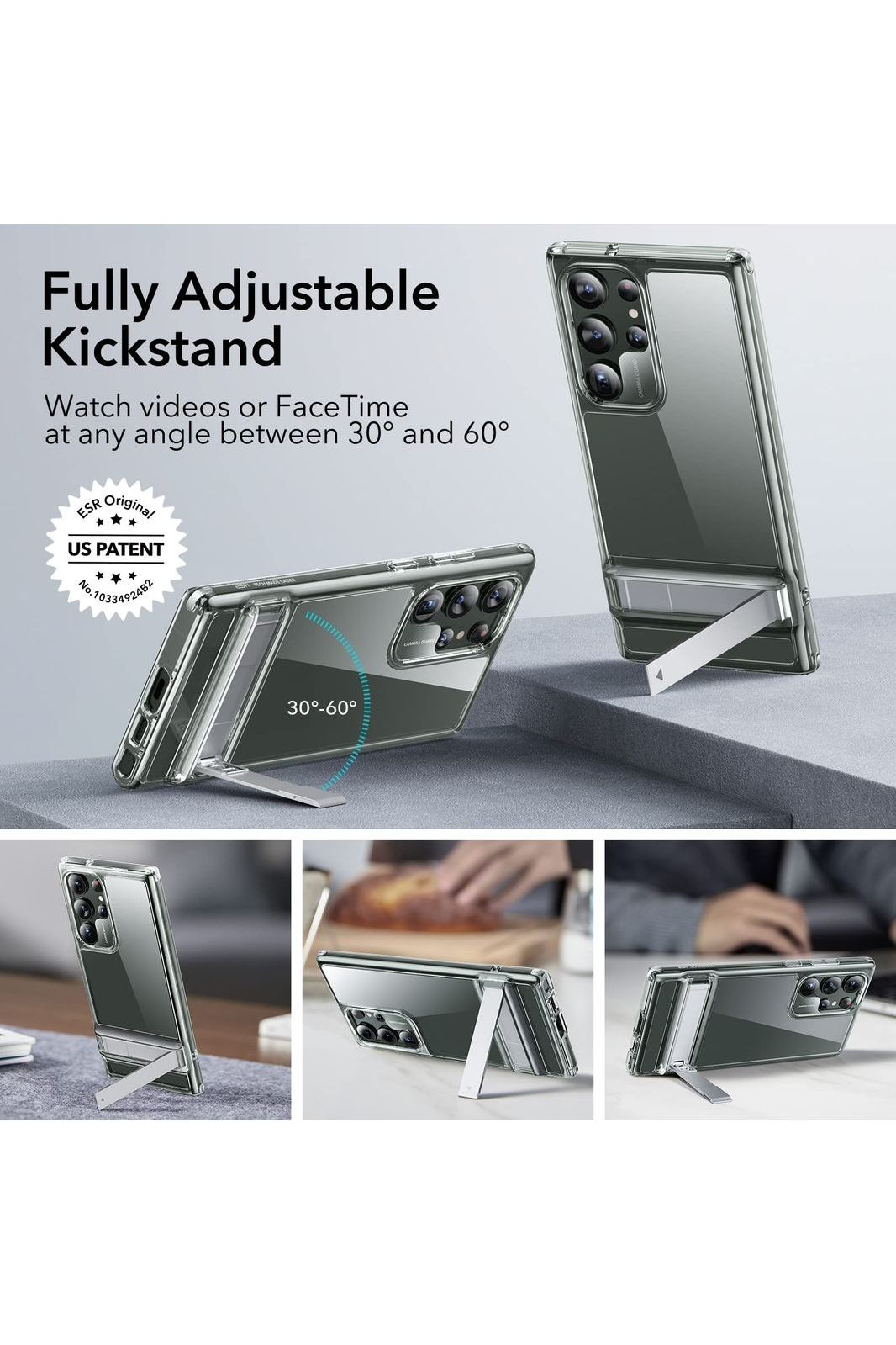 Samsung Galaxy S23 Ultra Phone Case, 3 Stand Modes Kickstand, Clear