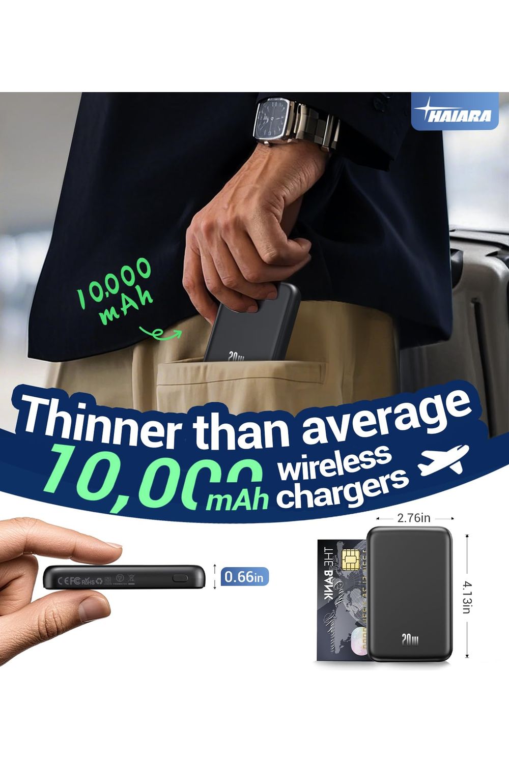 HAIARA for Magsafe Battery Pack, 10000mAh Magnetic Portable Charger, Wireless Power Bank for iPhone 16/15/14/13/12 Series