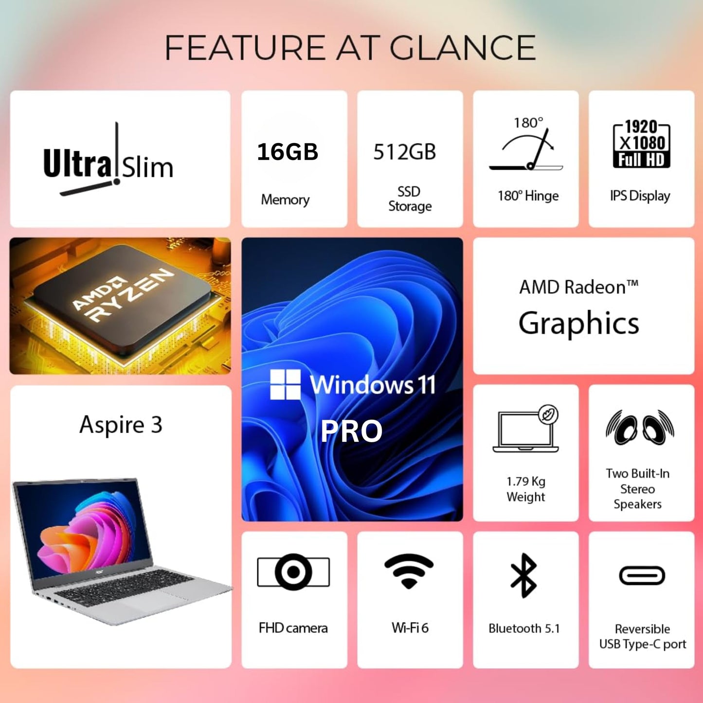 acer Aspire Premium Slim Laptop - 15.6" Full HD IPS 1080P Display - AMD Ryzen 3 7330U Quad-Core Processor - 16GB RAM - 512GB NVMe SSD