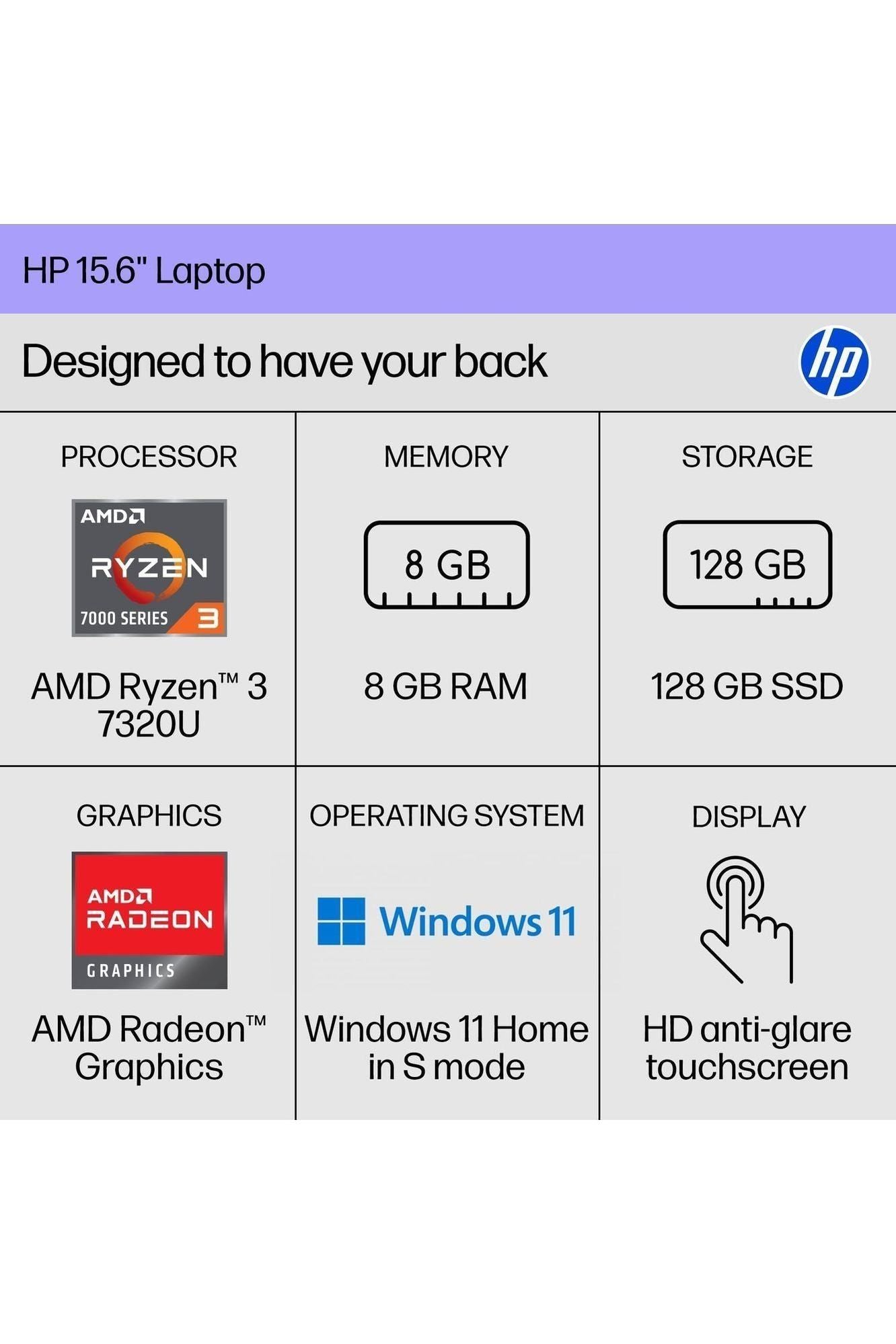 HP 15.6 inch Laptop, HD Touchscreen Display, AMD Ryzen 3 7320U, 8 GB RAM, 128 GB SSD, AMD Radeon Graphics