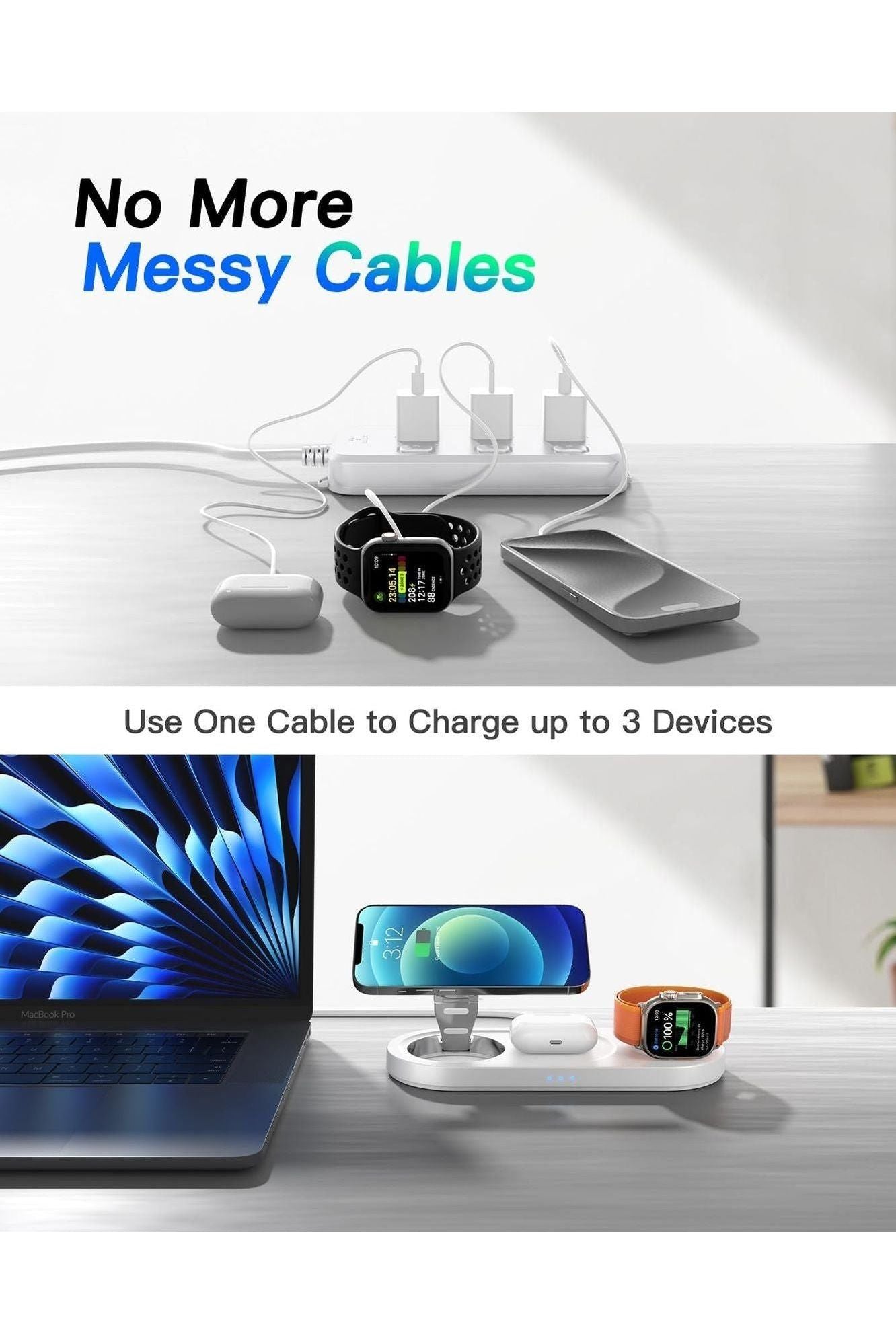 3 in 1 Wireless Charging Station for Apple Devices, Faster Mag-Safe Charger Stand, Magnetic Charger Station for iPhone 16/15/14/13/12 Series & AirPods Pro & Apple Watch Series (White)