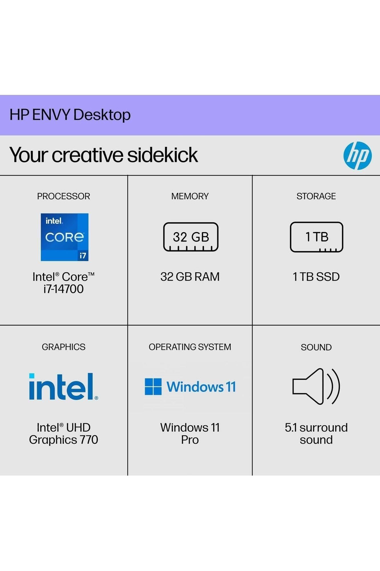 HP Envy Desktop PC, Intel Core i7-14700, 32 GB RAM, 1 TB SSD