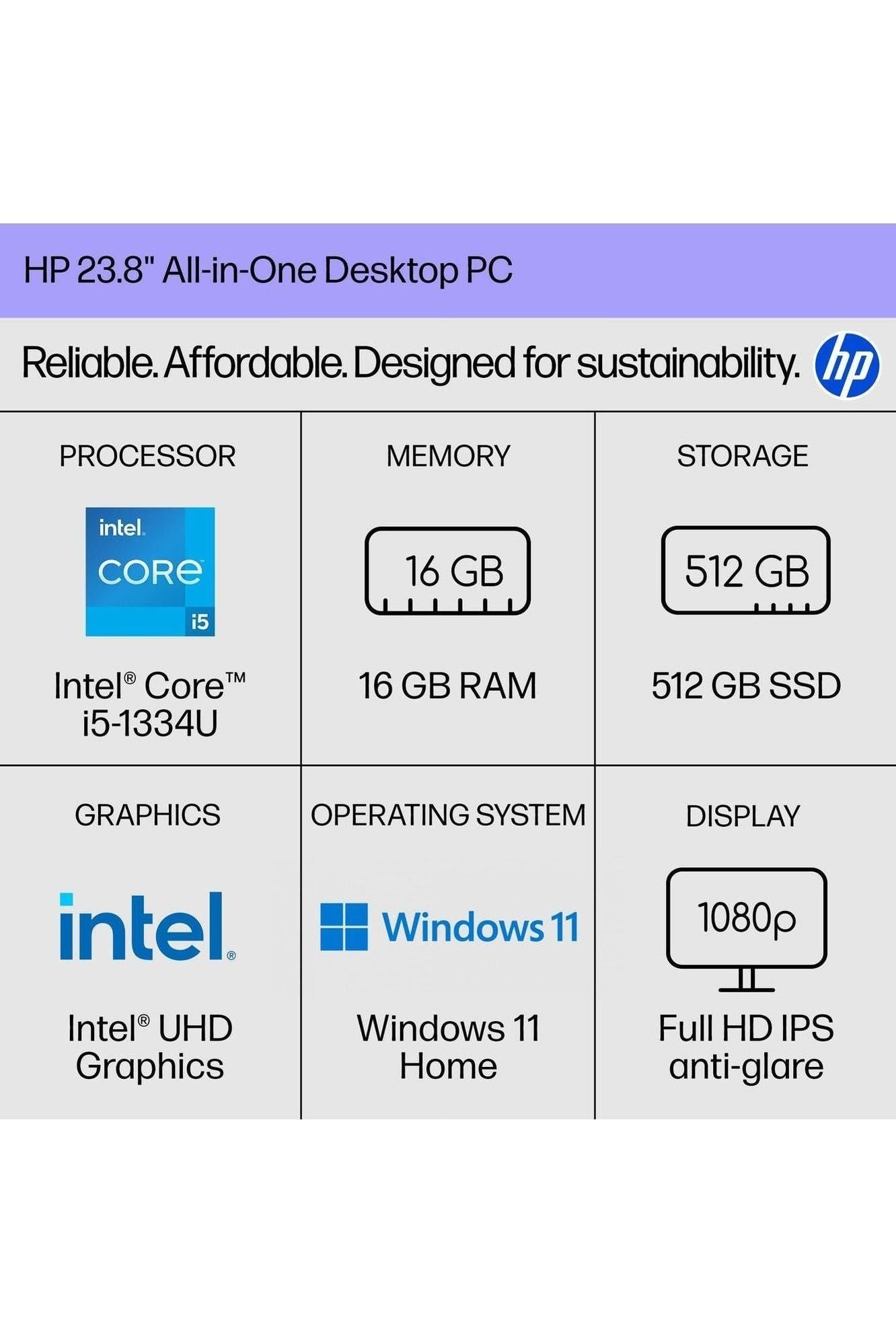 HP 23.8 inch All-in-One Desktop Intel Core i5-1334U, 16 GB RAM, 512 GB SSD