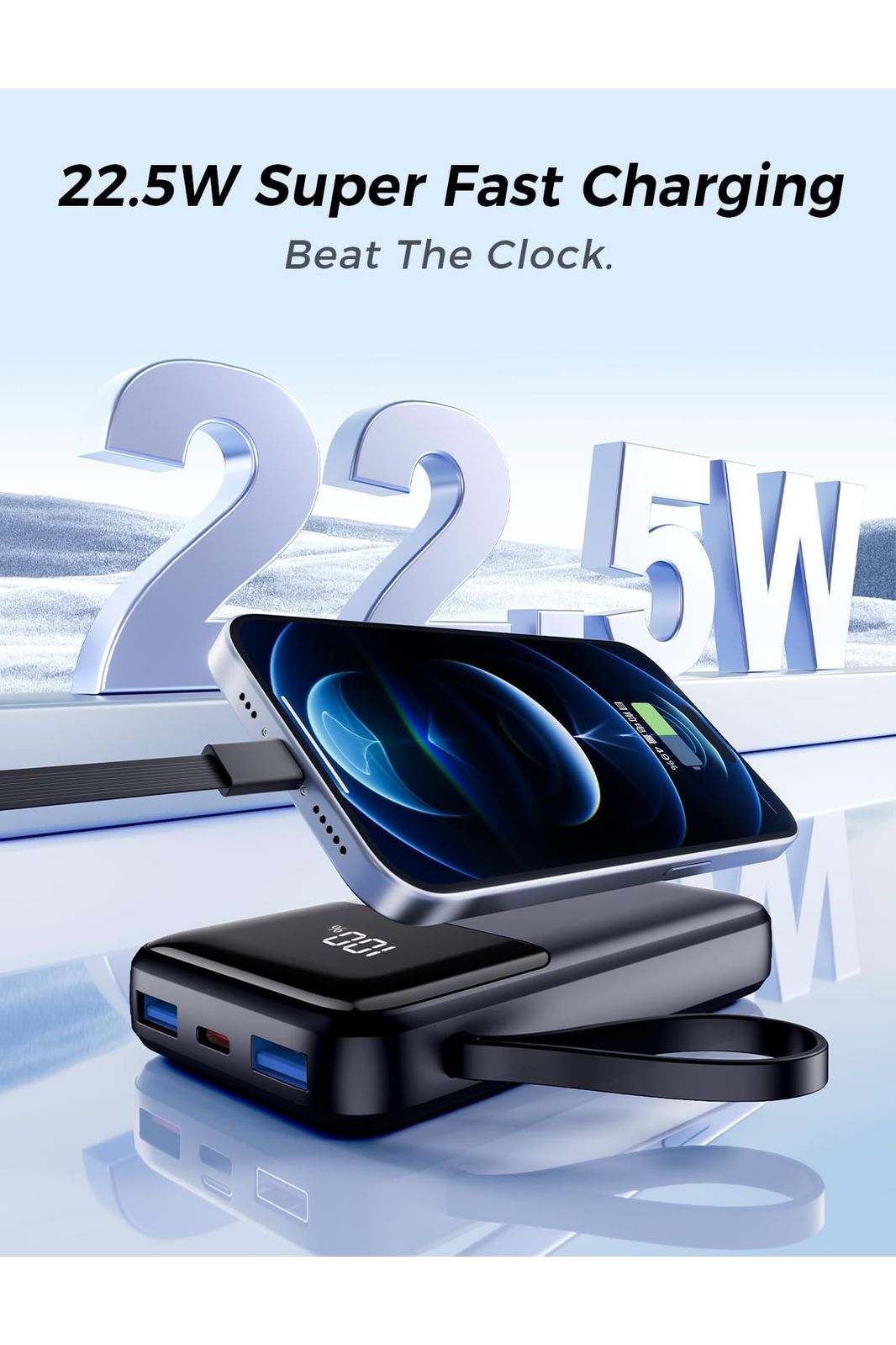 Power Bank, 15000mAh Portable Charger with Built in Cable, 22.5W Fast Charging, 6 Outputs, LED Display, Compatible with iPhone 16/15/14/13, Samsung, iPad, etc