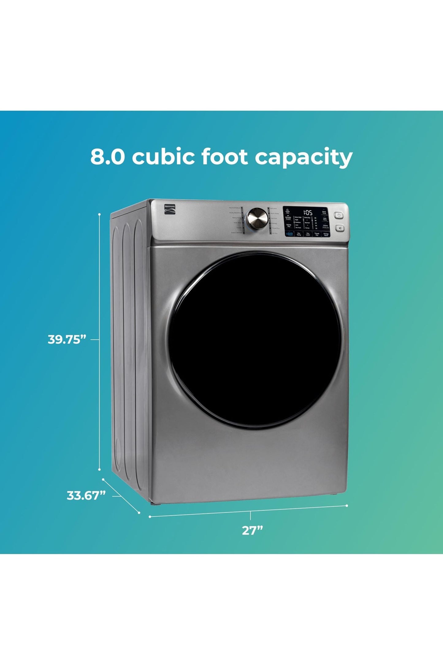 Kenmore 2682273 Front Load Electric Dryer with Steam, Wrinkle Guard, Energy Saver, Smart Sensor Drying System, 8.0 cu. ft. Total Capacity, Metallic Silver