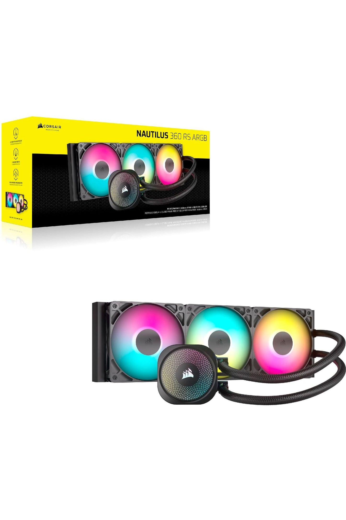 CORSAIR Nautilus 360 RS ARGB Liquid CPU Cooler – 360mm AIO – Low-Noise – Direct Motherboard Connection – Daisy-Chain – Intel LGA 1851/1700, AMD AM5/AM4 – 3X RS120 ARGB Fans Included – Black