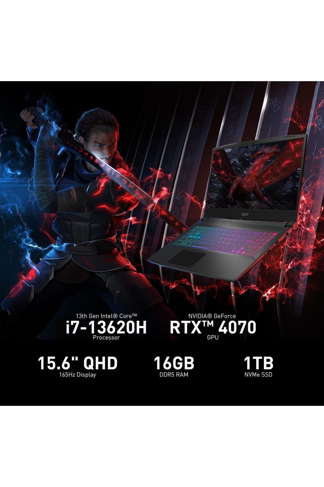 MSI Katana 15 15.6” 165Hz QHD Gaming Laptop: Intel Core i7-13620H, NVIDIA Geforce RTX 4070, 16GB DDR5, 1TB NVMe SSD