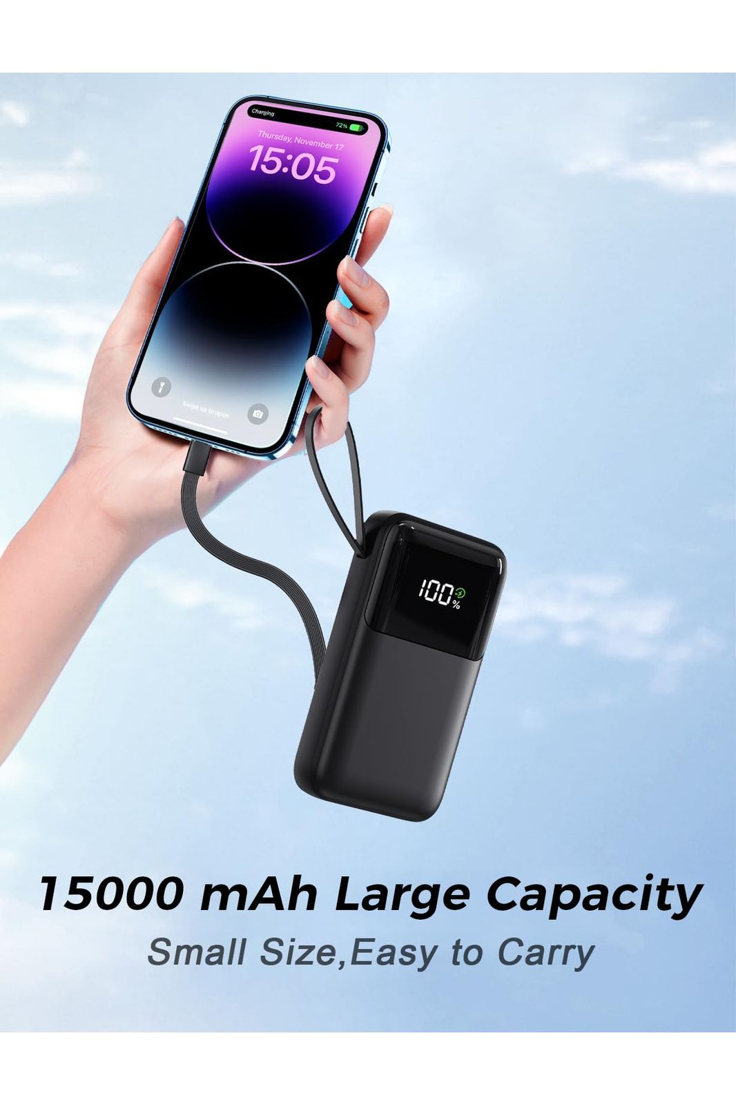 Power Bank, 15000mAh Portable Charger with Built in Cable, 22.5W Fast Charging, 6 Outputs, LED Display, Compatible with iPhone 16/15/14/13, Samsung, iPad, etc