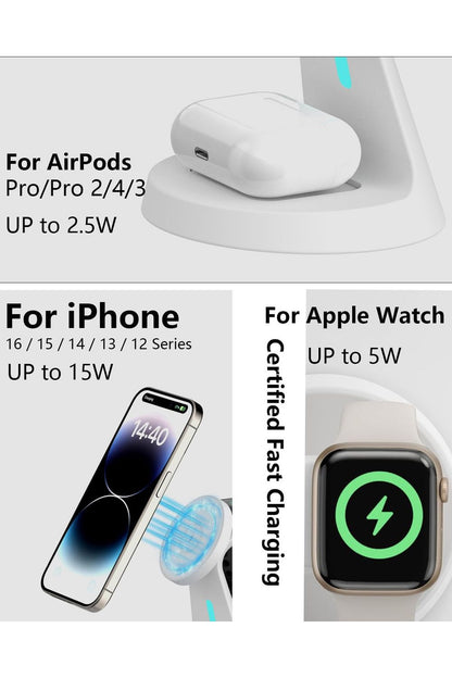 Wireless Charger Compatible with Mag-Safe,3 in 1 Charging Station for iPhone16/15/14/13/12 Series, Apple Watch,AirPods,and More,15W Fast Charging (USB-C Adapter Included)