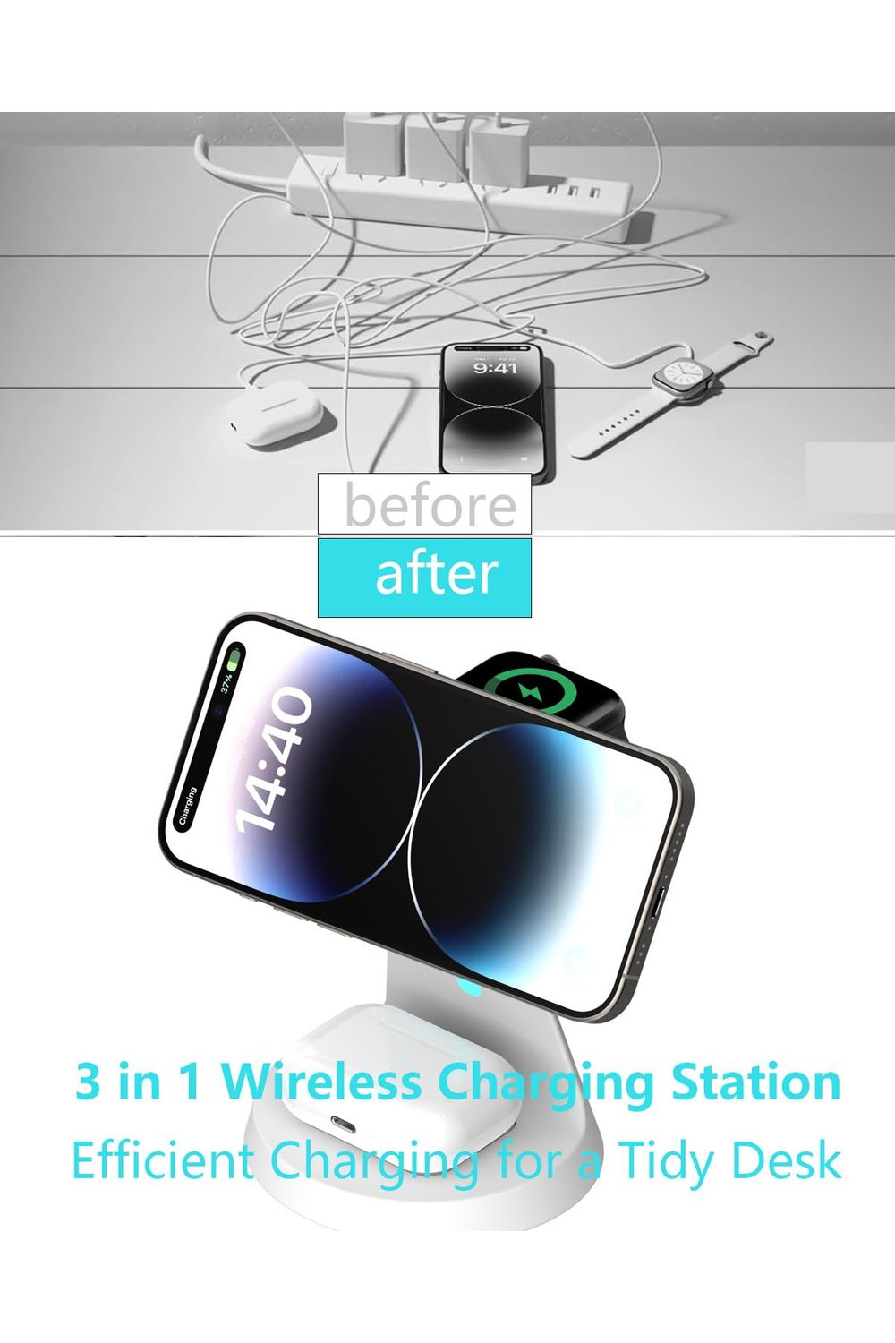 Wireless Charger Compatible with Mag-Safe,3 in 1 Charging Station for iPhone16/15/14/13/12 Series, Apple Watch,AirPods,and More,15W Fast Charging (USB-C Adapter Included)
