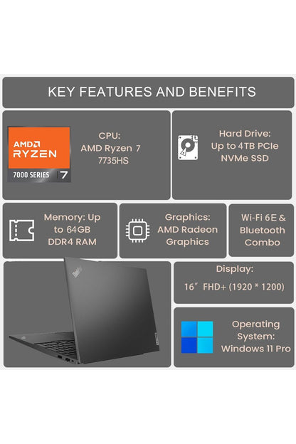 Lenovo ThinkPad E16 G2 Business Laptop Computer, 16" FHD+, AMD 8-Core Ryzen 7 7735HS (Beat i7-1360P), 32GB DDR5, 1TB PCIe SSD