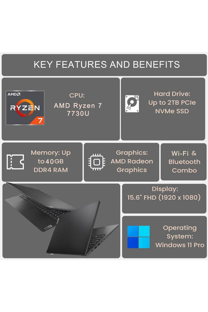 Lenovo V-Series V15 Business Laptop, 15.6" FHD Display, AMD Ryzen 7 7730U, 40GB RAM, 1TB SSD