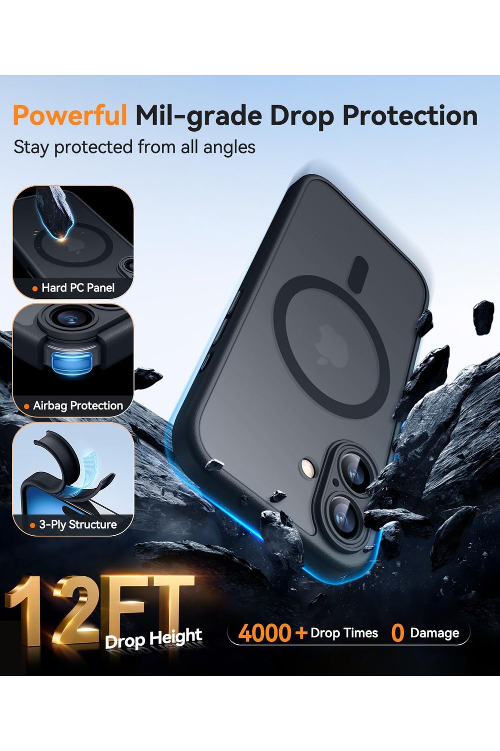 iPhone 16 Case, Upgraded [Full Camera Protection] [Compatible with Magsafe] [Translucent Matte] Shockproof Protective -Black