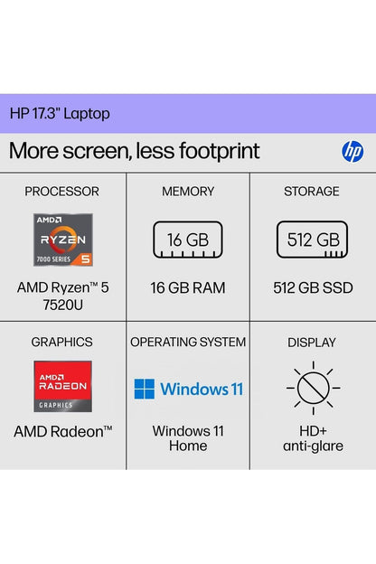 HP 17.3 inch Laptop, HD+ Display, AMD Ryzen 5 7520U, 16 GB RAM, 512 GB SSD, AMD Radeon Graphics