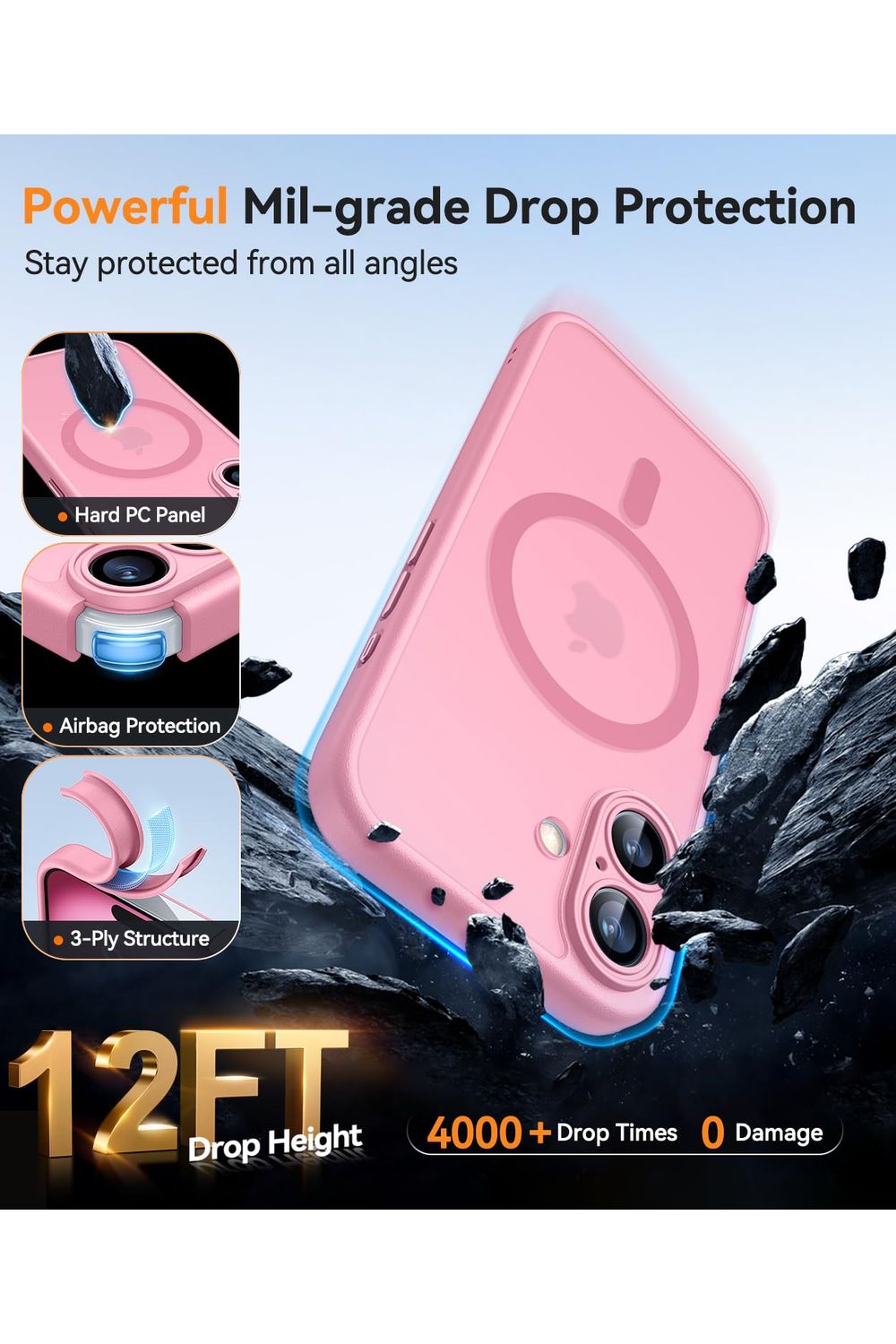 iPhone 16 Case, Upgraded [Full Camera Protection] [Compatible with Magsafe] [Translucent Matte] Shockproof Protective - Pink