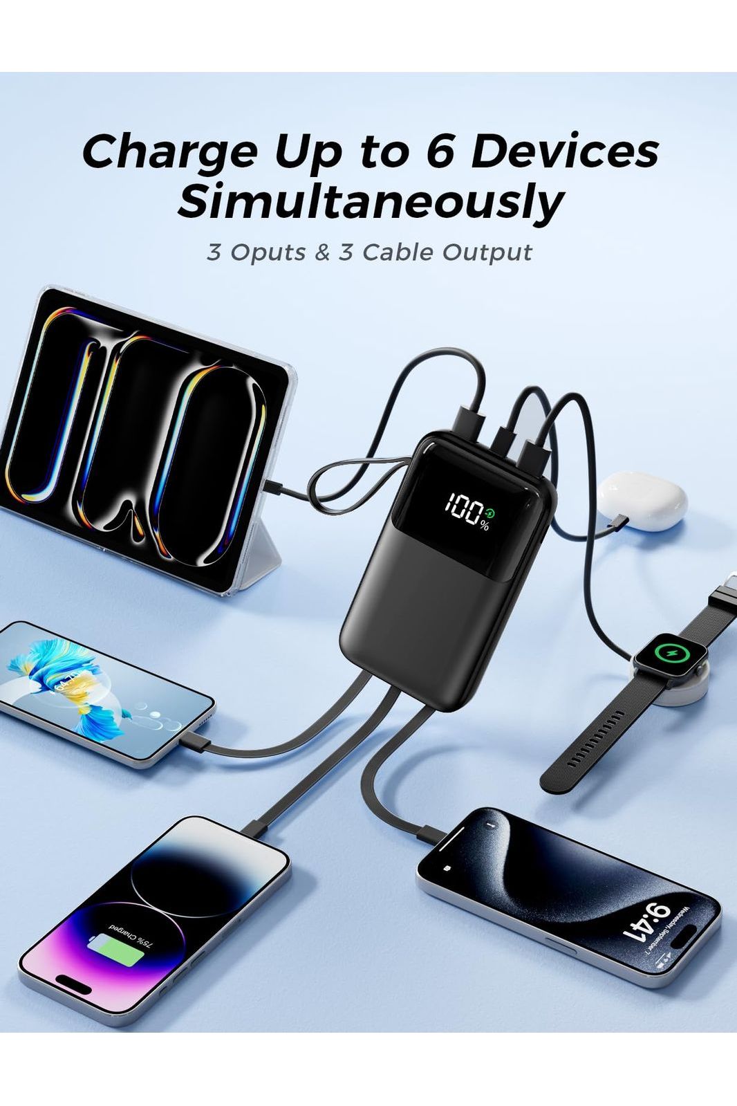 Power Bank, 15000mAh Portable Charger with Built in Cable, 22.5W Fast Charging, 6 Outputs, LED Display, Compatible with iPhone 16/15/14/13, Samsung, iPad, etc