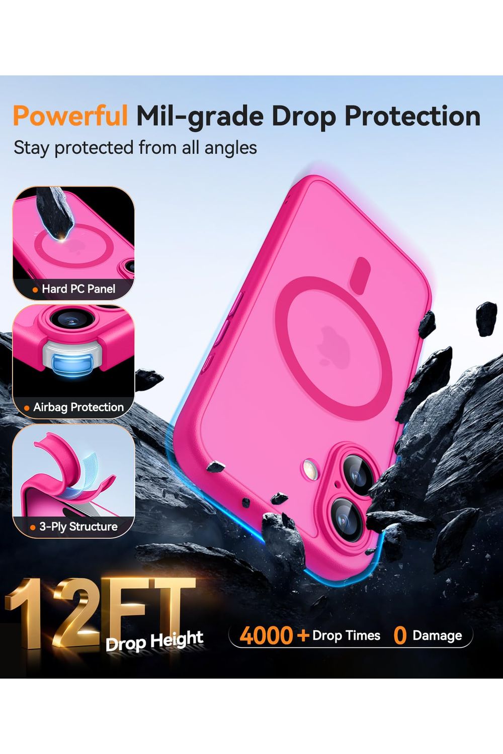 iPhone 16 Case, Upgraded [Full Camera Protection] [Compatible with Magsafe] [Translucent Matte] Shockproof Protective - Hot Pink