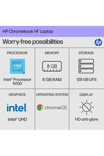 HP Chromebook 14 inch Laptop, HD Display, Intel Processor N100, 8 GB RAM, 128 GB UFS, Chrome OS