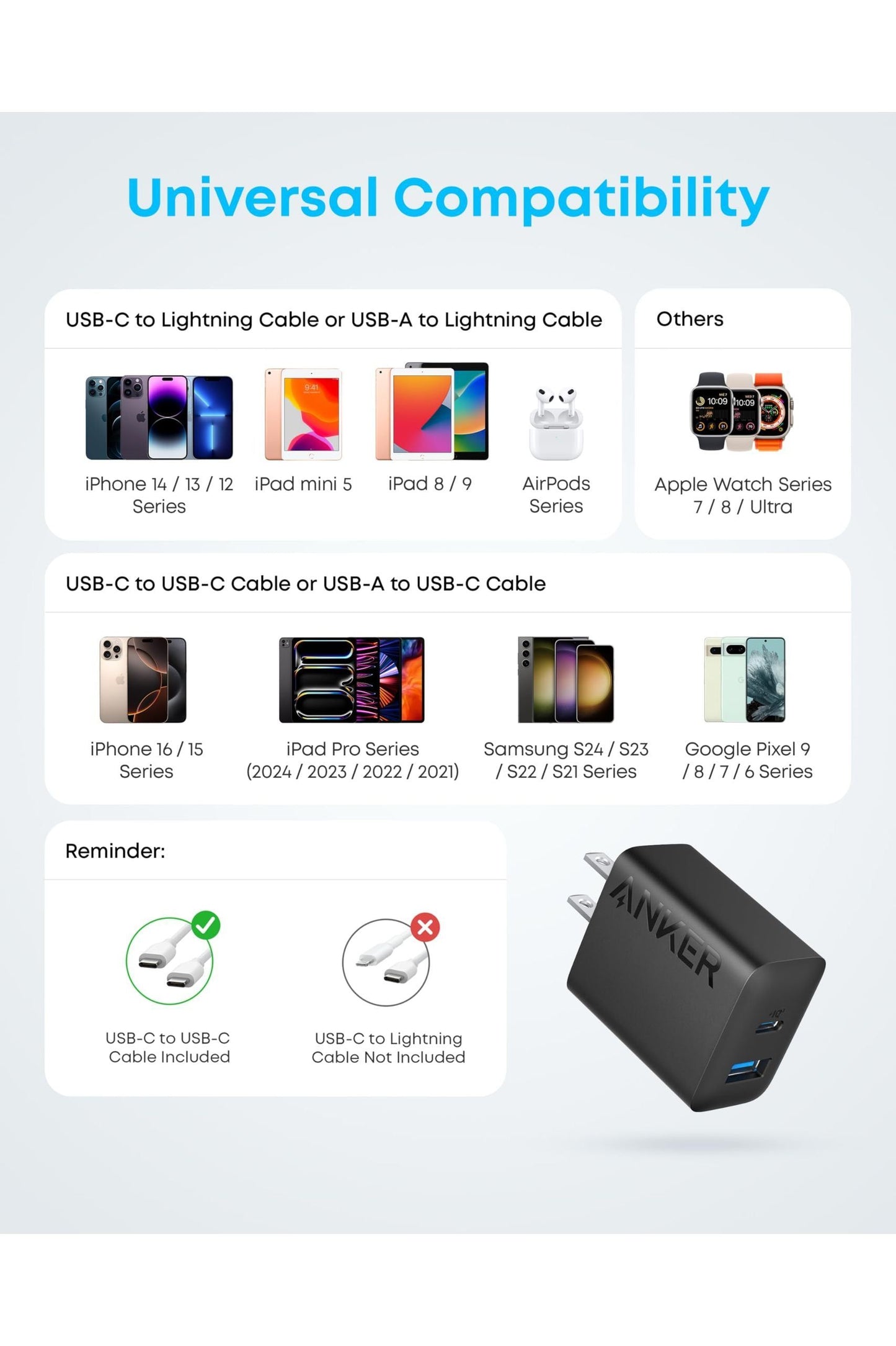 Anker iPhone 16 Charger, 2-Pack 20W Fast USB C Charger Block, for iPhone 16/16 Pro Max/15 Series/iPad Pro and More (Black, 2 Pack & 2 Cable)