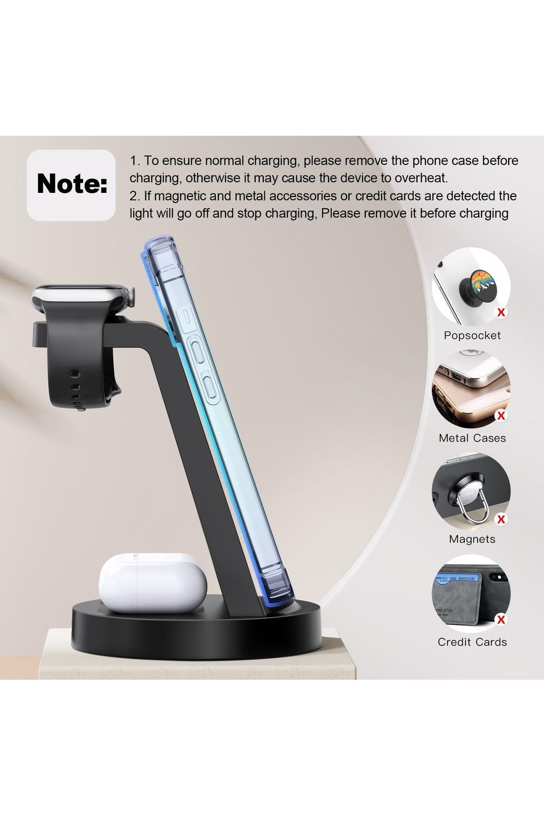 3 in 1 Charging Station for iPhone, Wireless Charger for iPhone 16e 16 15 14 13 12 11 X Pro Max & Apple Watch - Wireless Charging Station for AirPods 4 3 Pro