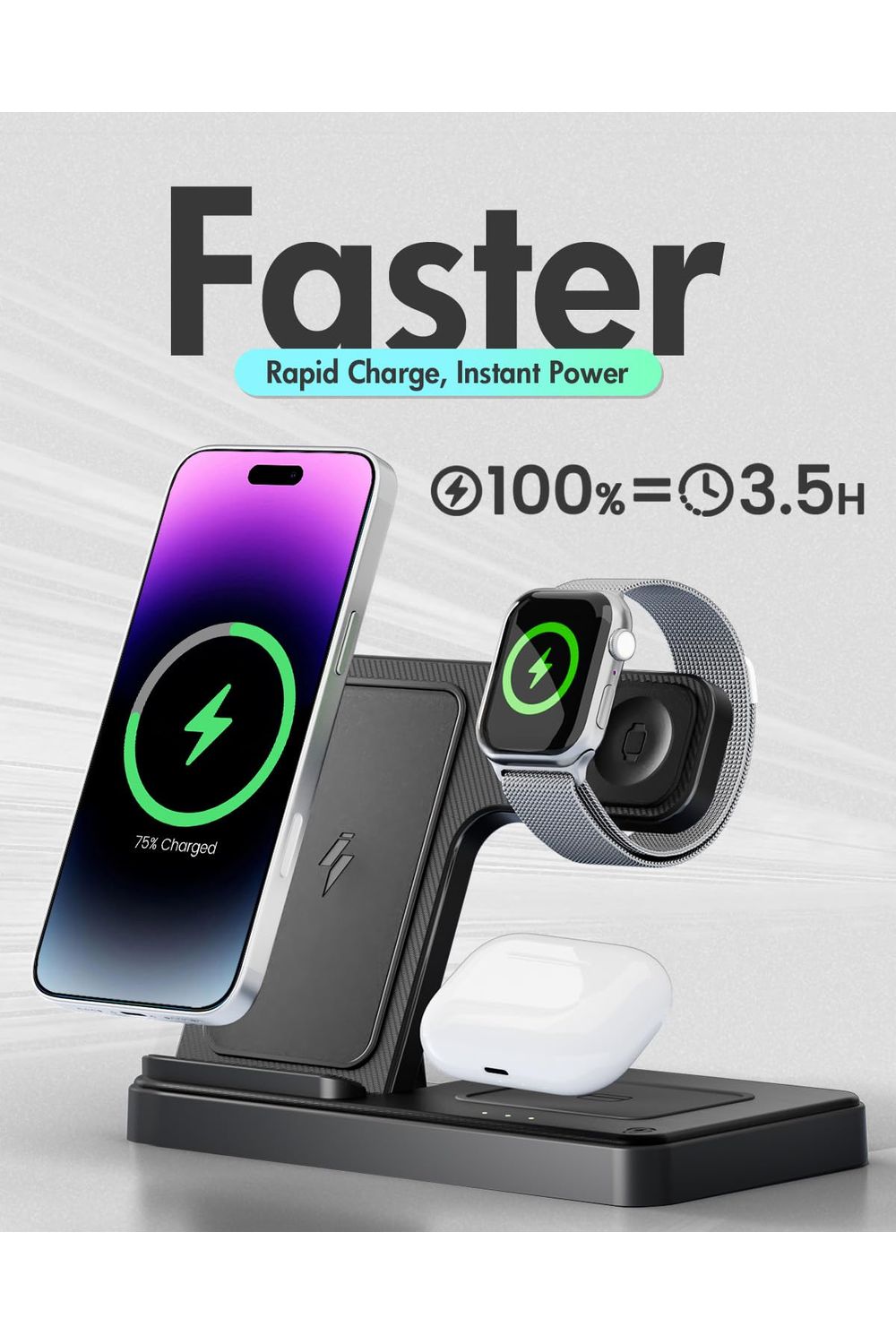 Wireless Charger iPhone Charging Station: 3 in 1 Charger Stand Multiple Devices for Apple - iPhone 16e 16 15 14 Pro Max 13 12 11 - Watch 10 9 8 7 6 5 4 3 2 SE and Ultra Series - Airpods 4 3 2 Pro