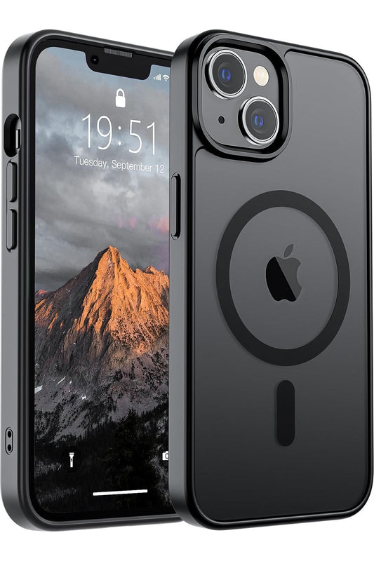 iPhone 14 Case & iPhone 13 Case (Compatible with MagSafe)(Military Grade Drop Protection) Translucent Matte Shockproof, Black