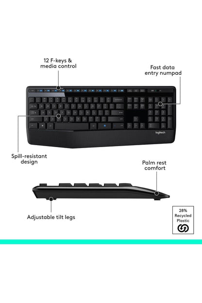 Logitech MK345 Wireless Keyboard and Mouse Combo with Palm Rest, 2.4 GHz USB Receiver
