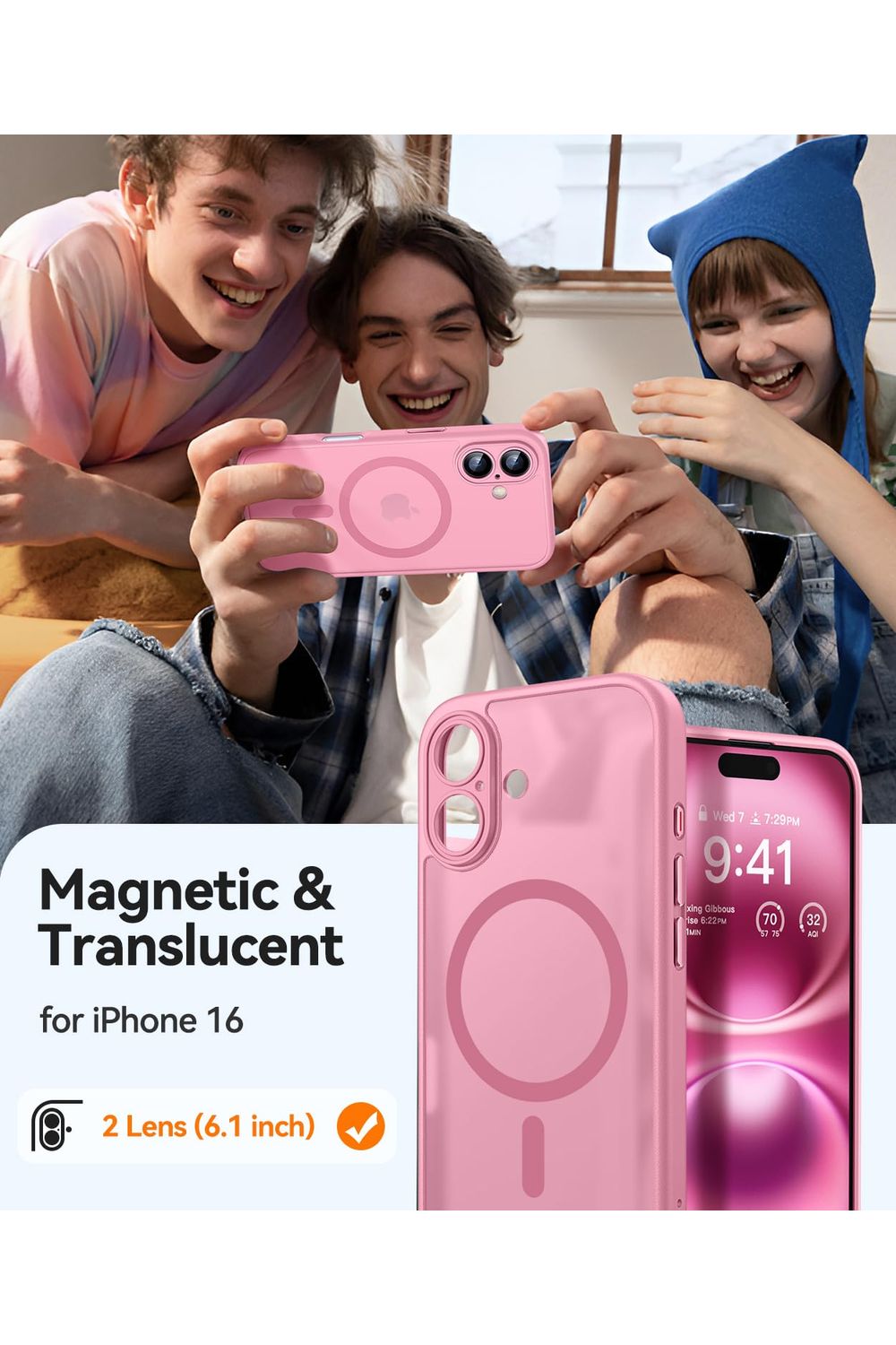iPhone 16 Case, Upgraded [Full Camera Protection] [Compatible with Magsafe] [Translucent Matte] Shockproof Protective - Pink