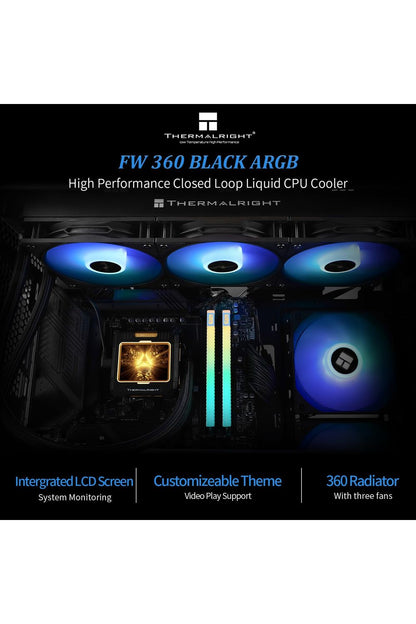 Thermalright FW360 Black ARGB CPU AIO Cooler,PC 360 Specification Water Cooler System,IPS LCD Screen with 320x240 Resolution,for AM5&Intel LGA1700/1851,CPU Cooler Comes with 2.4-inch LCD Display