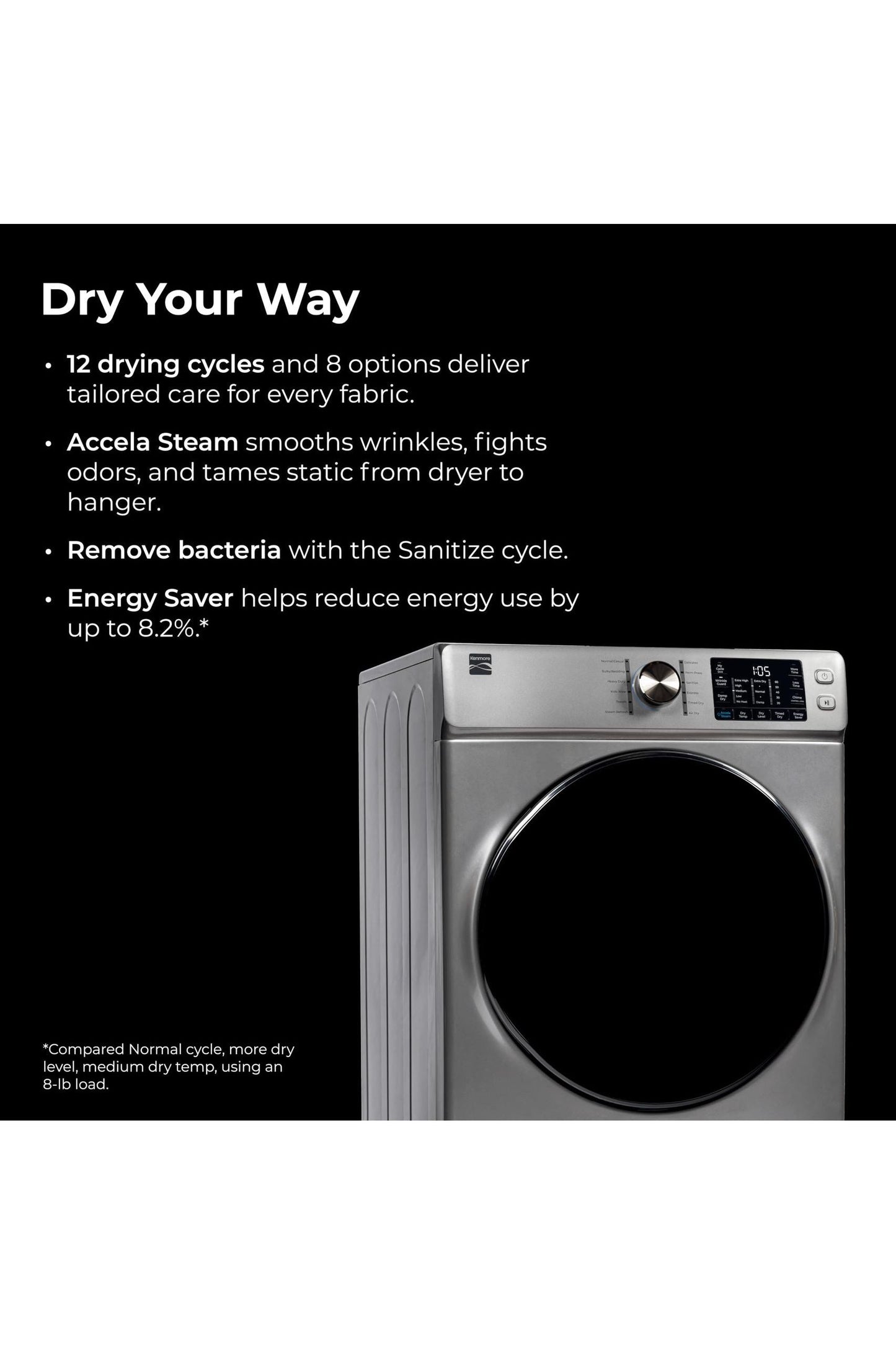 Kenmore 2682273 Front Load Electric Dryer with Steam, Wrinkle Guard, Energy Saver, Smart Sensor Drying System, 8.0 cu. ft. Total Capacity, Metallic Silver