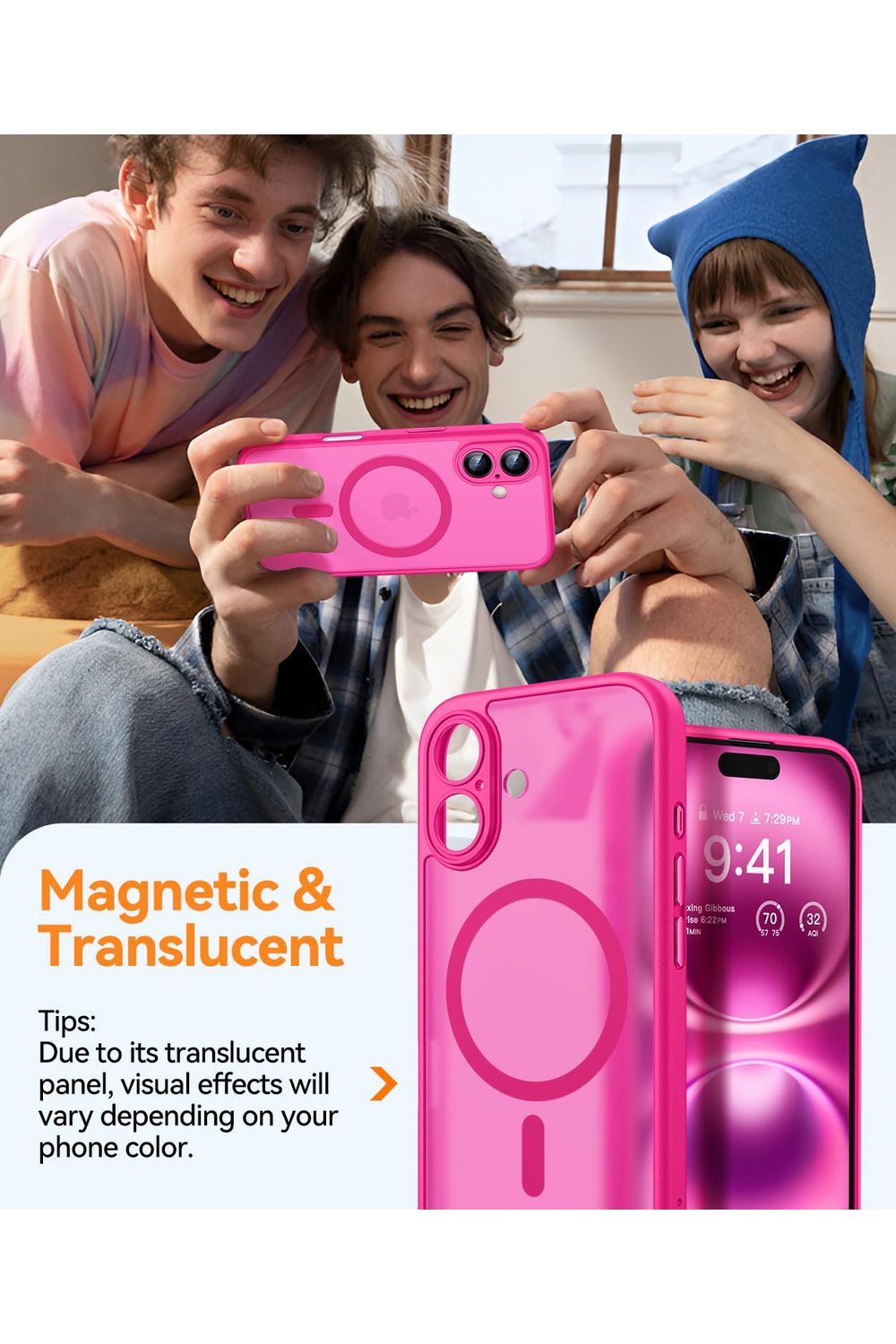 iPhone 16 Case, Upgraded [Full Camera Protection] [Compatible with Magsafe] [Translucent Matte] Shockproof Protective - Hot Pink