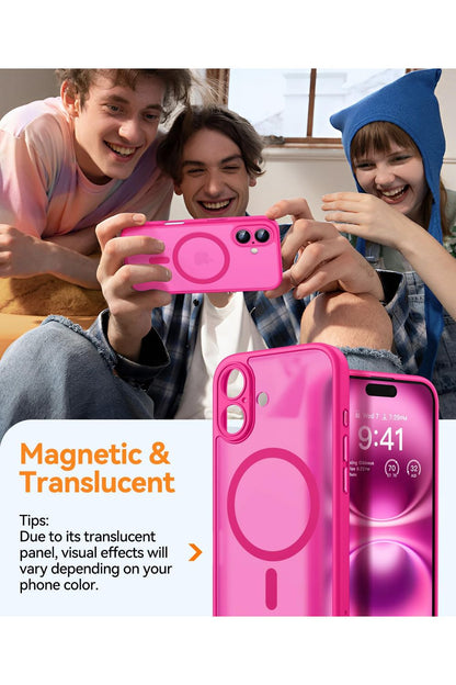 iPhone 16 Case, Upgraded [Full Camera Protection] [Compatible with Magsafe] [Translucent Matte] Shockproof Protective - Hot Pink