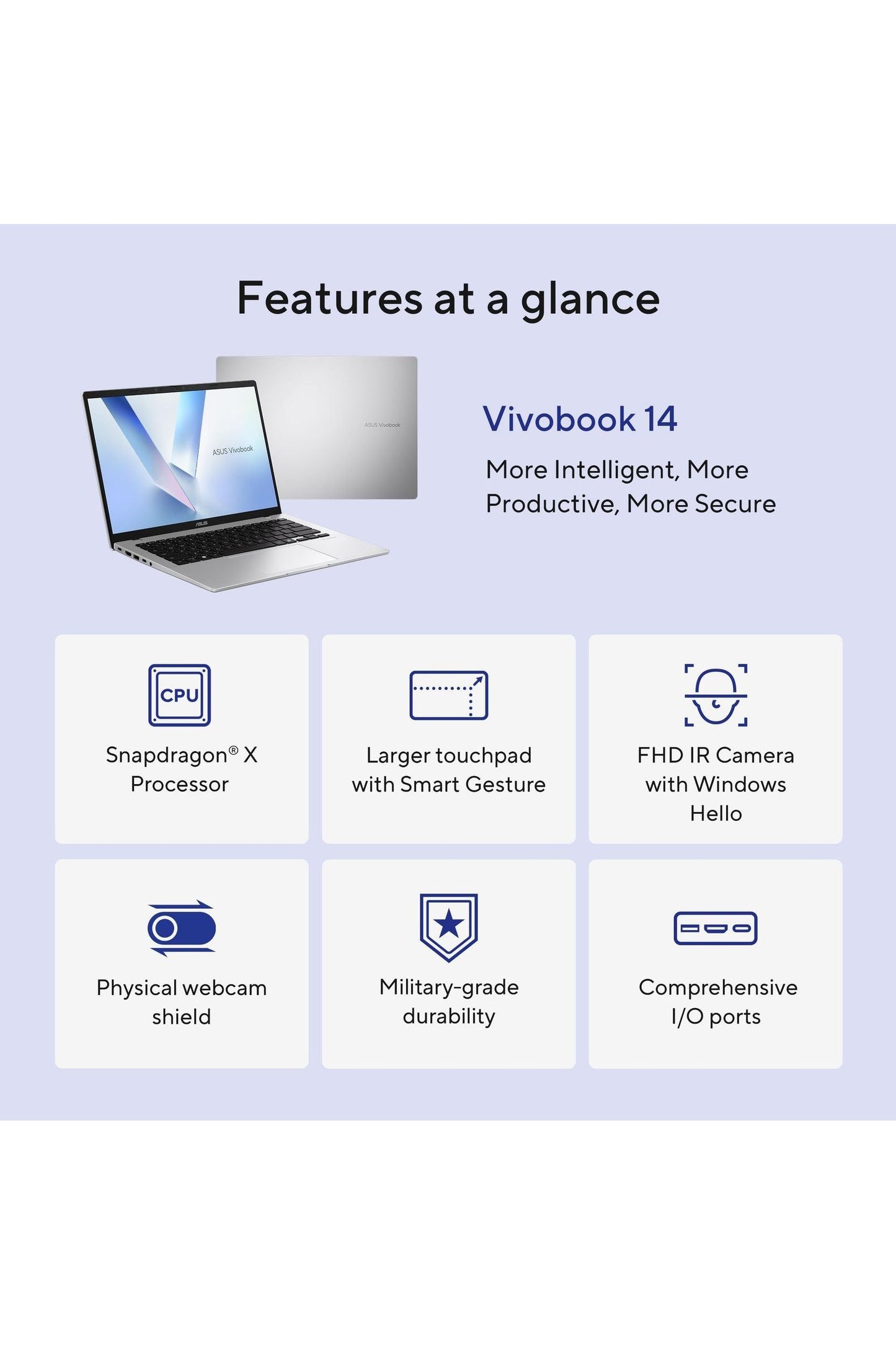 ASUS Vivobook 14 Laptop, Qualcomm Snapdragon X, Qualcomm Adreno GPU, 16GB RAM, 512GB SSD