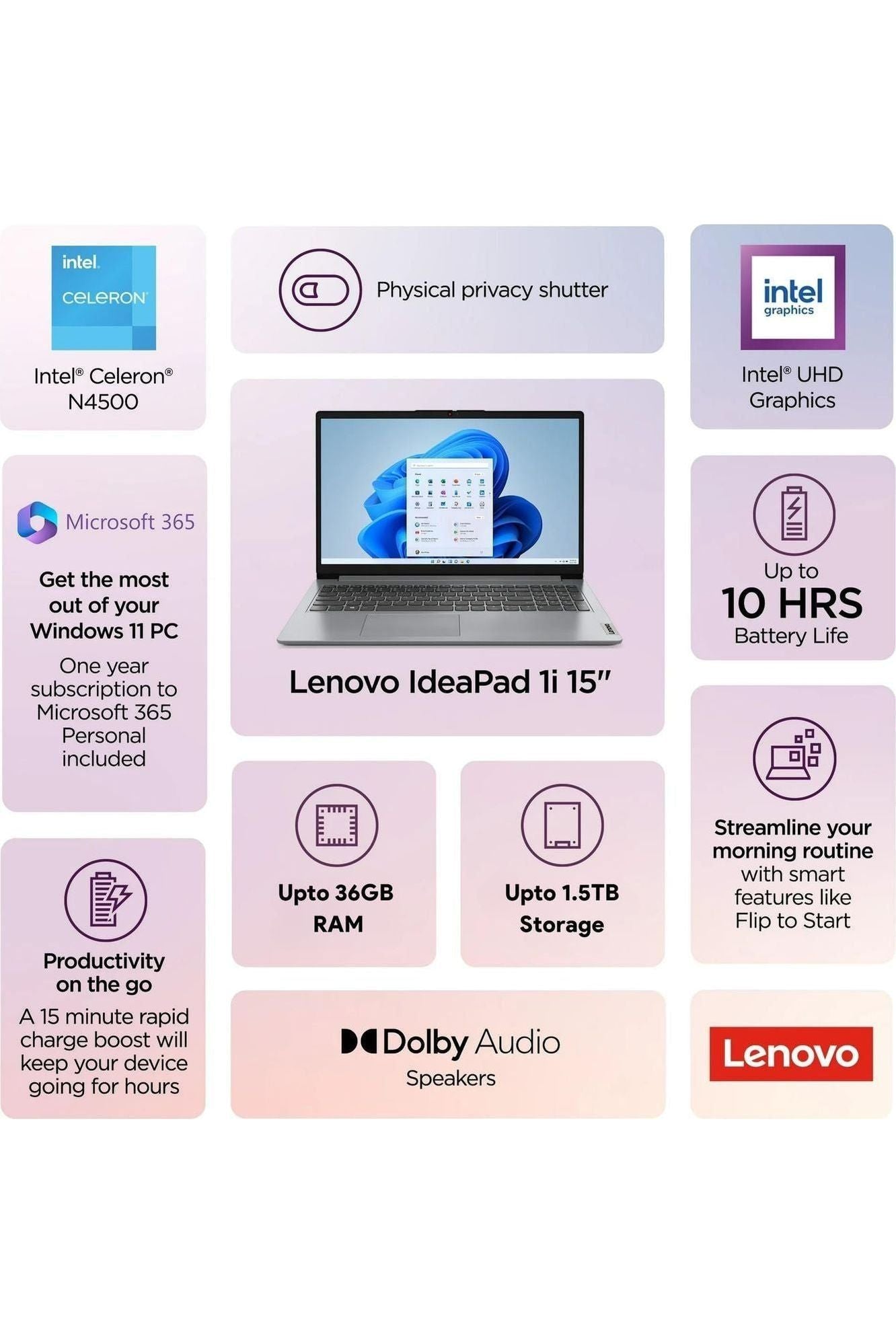 Lenovo IdeaPad 1i Laptop with Microsoft 365 Home and Business • 12GB RAM • 1TB Cloud Storage and 256GB SSD • Intel Core • 15 Anti-Glare Screen •