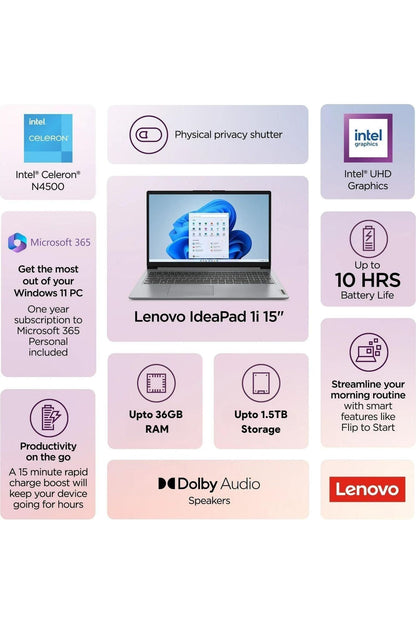 Lenovo IdeaPad 1i Laptop with Microsoft 365 Home and Business • 12GB RAM • 1TB Cloud Storage and 256GB SSD • Intel Core • 15 Anti-Glare Screen •