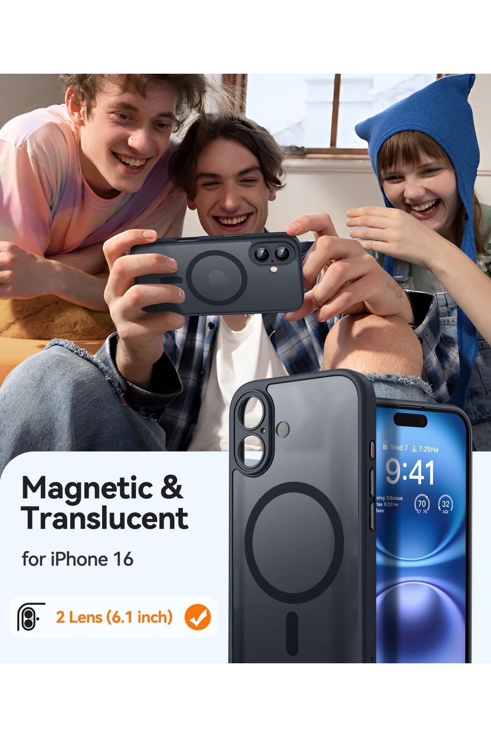 iPhone 16 Case, Upgraded [Full Camera Protection] [Compatible with Magsafe] [Translucent Matte] Shockproof Protective -Black