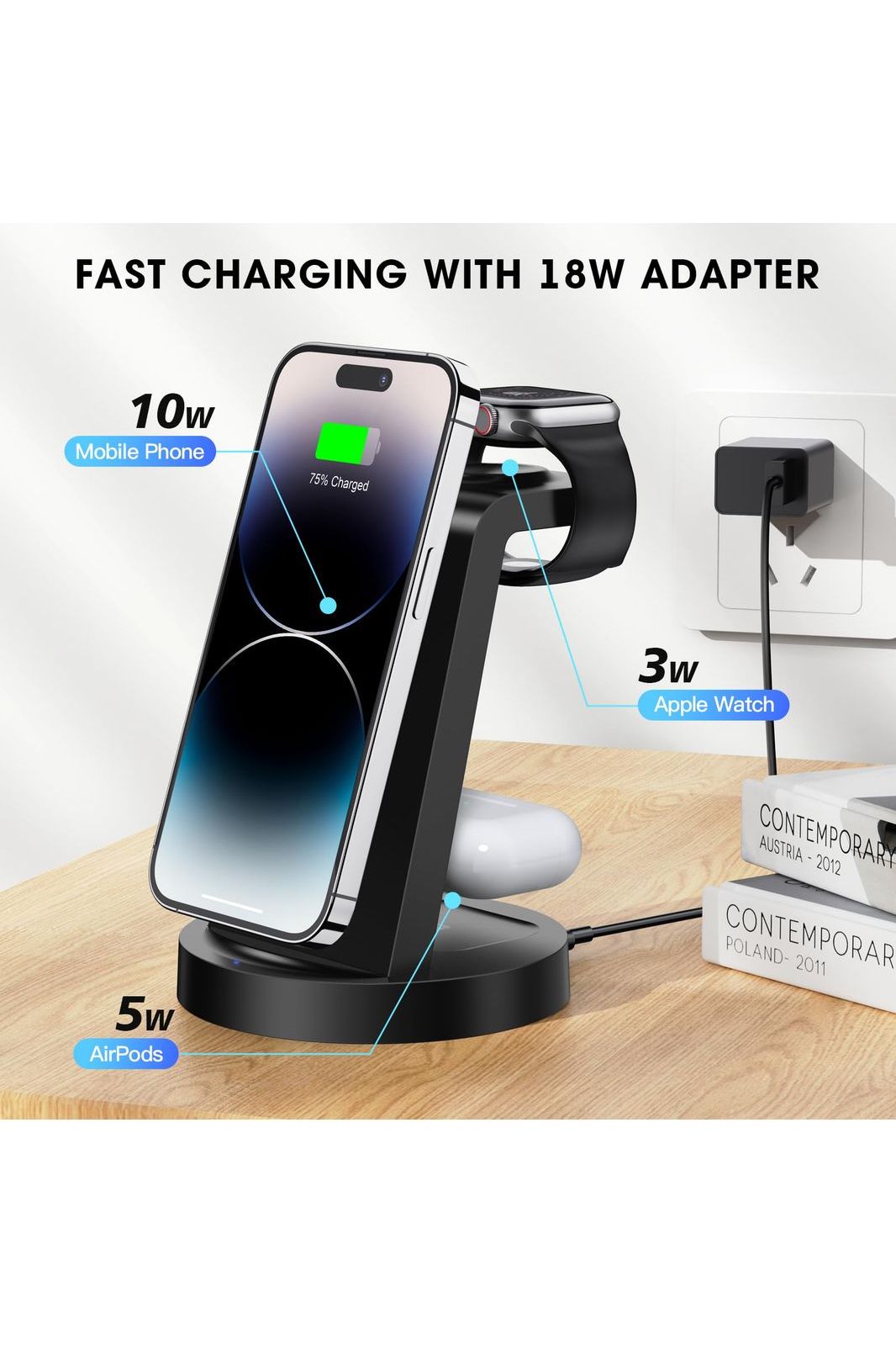3 in 1 Charging Station for iPhone, Wireless Charger for iPhone 16e 16 15 14 13 12 11 X Pro Max & Apple Watch - Wireless Charging Station for AirPods 4 3 Pro
