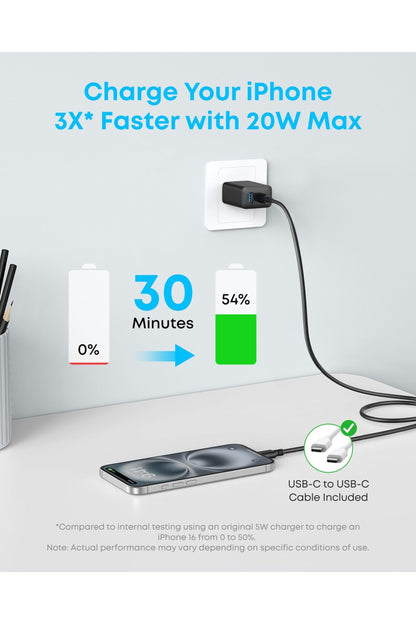 Anker iPhone 16 Charger, 2-Pack 20W Fast USB C Charger Block, for iPhone 16/16 Pro Max/15 Series/iPad Pro and More (Black, 2 Pack & 2 Cable)
