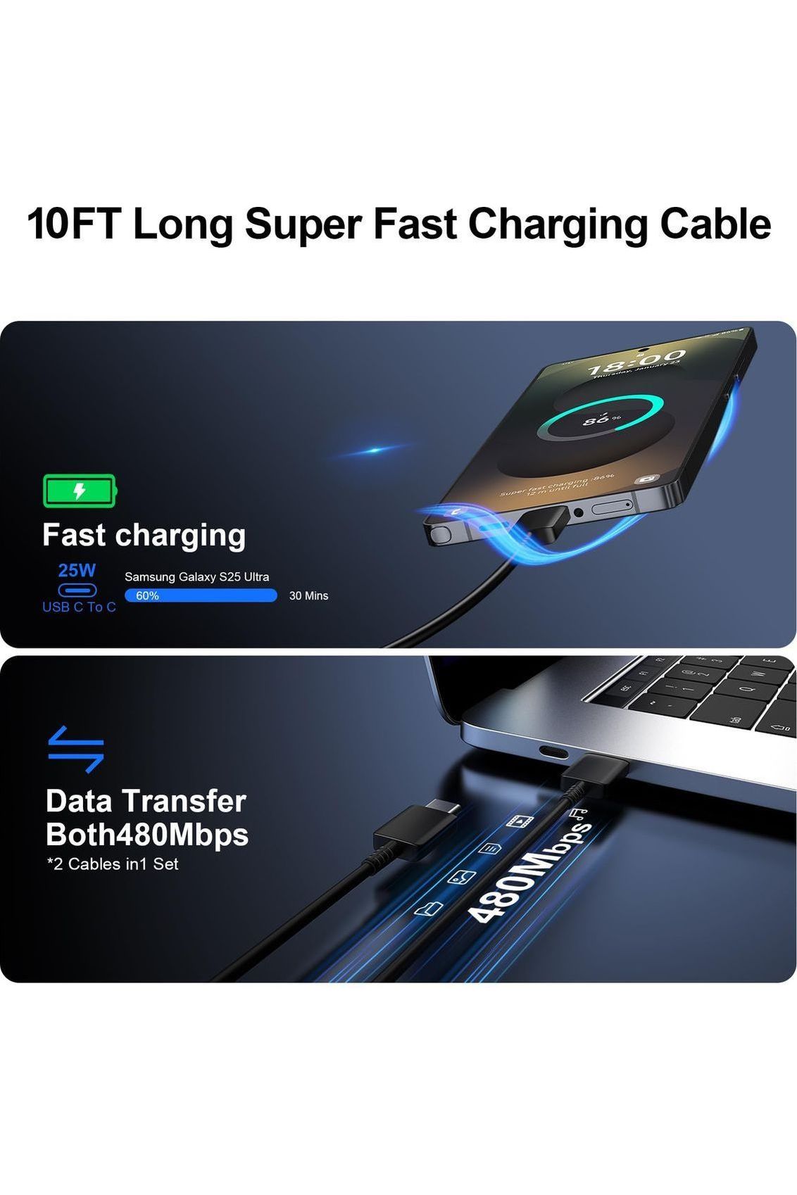 Super Fast Charger Type C, 25W USB C Wall Charger Fast Charging for Samsung Galaxy S25 Ultra/S25/S25+/S24+/S24 Ultra/S24/S24+/S23 Ultra/S22 Ultra/S21 with 10FT Long Android Type C Charger Cable 2Pack