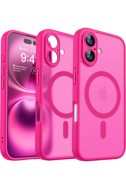 iPhone 16 Case, Upgraded [Full Camera Protection] [Compatible with Magsafe] [Translucent Matte] Shockproof Protective - Hot Pink