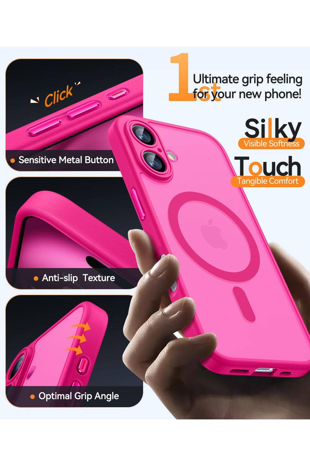 iPhone 16 Case, Upgraded [Full Camera Protection] [Compatible with Magsafe] [Translucent Matte] Shockproof Protective - Hot Pink