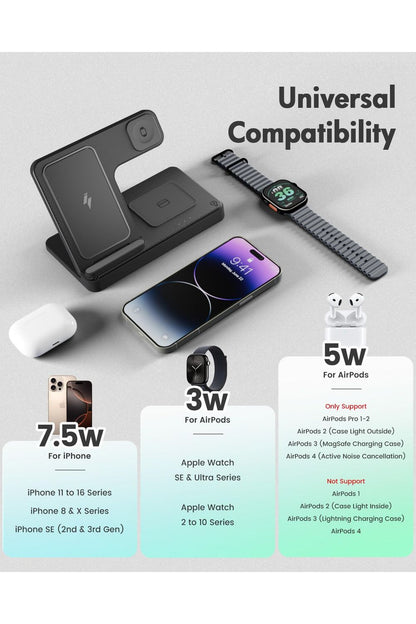 Wireless Charger iPhone Charging Station: 3 in 1 Charger Stand Multiple Devices for Apple - iPhone 16e 16 15 14 Pro Max 13 12 11 - Watch 10 9 8 7 6 5 4 3 2 SE and Ultra Series - Airpods 4 3 2 Pro