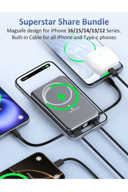 Magnetic Portable Charger, 10000mAh Power Bank, 5 in 1 Portable Charger with Built in Cable, 20W Fast Charging for Magsafe Battery Pack Compatible with iPhone 16/15/14/13 Pro/Pro Max, Samsung Series
